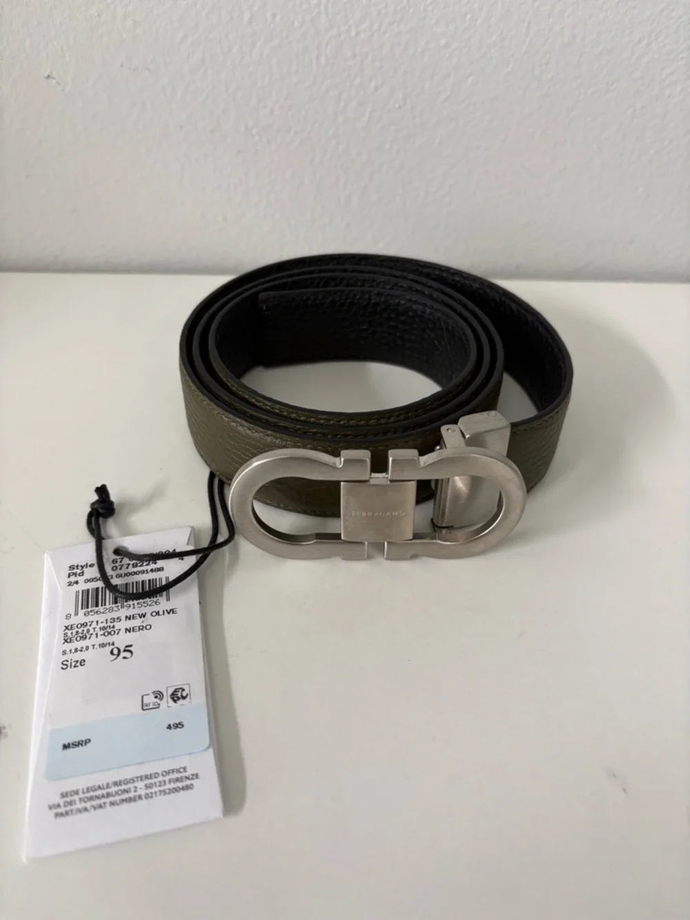 Salvatore Ferragamo Olive Leather Belt with Silver Gancini Buckle